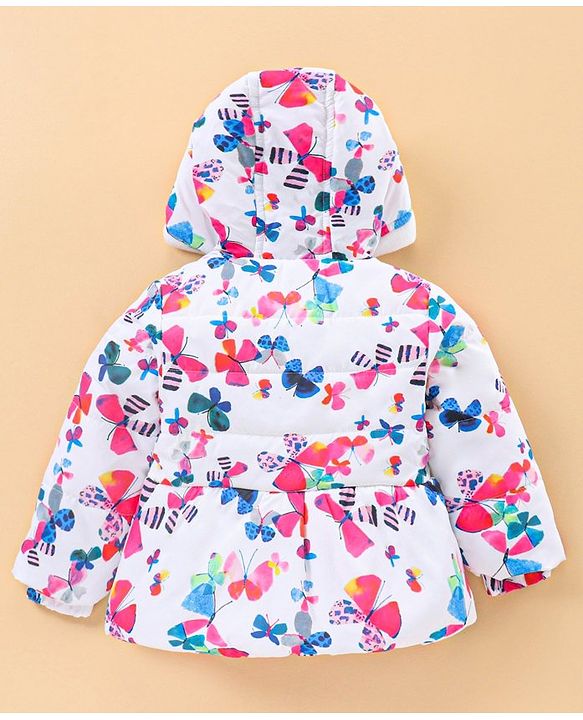 Babyhug Full Sleeves Butterfly Print Hooded Jacket - Off White