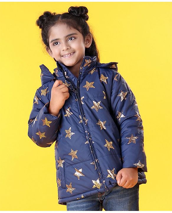 Babyhug Full Sleeves Star Print Hooded Jacket - Blue