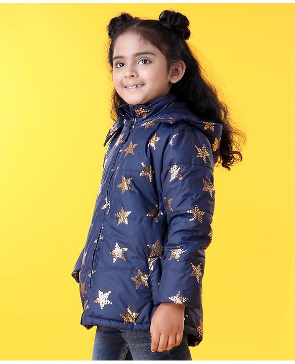 Babyhug Full Sleeves Star Print Hooded Jacket - Blue