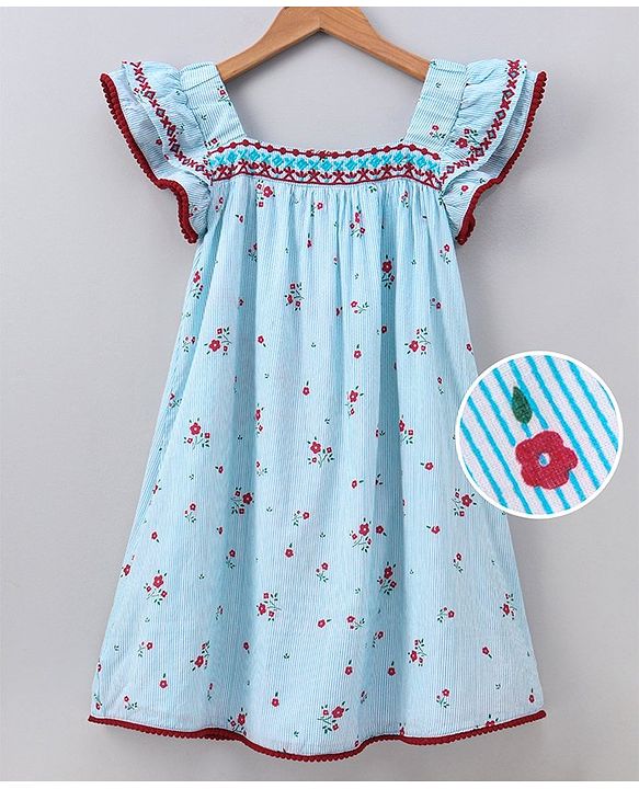 Pine Kids Flutter Sleeves Softner Wash Stripe Frock Floral Print - Blue White