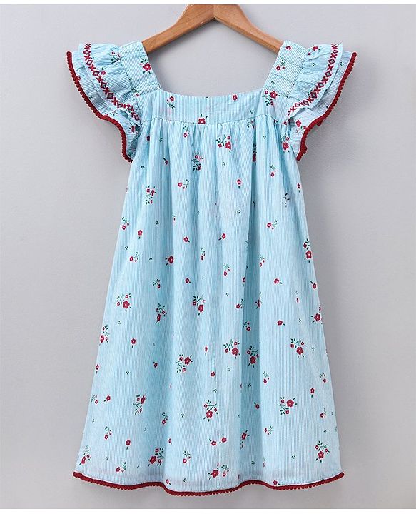 Pine Kids Flutter Sleeves Softner Wash Stripe Frock Floral Print - Blue White