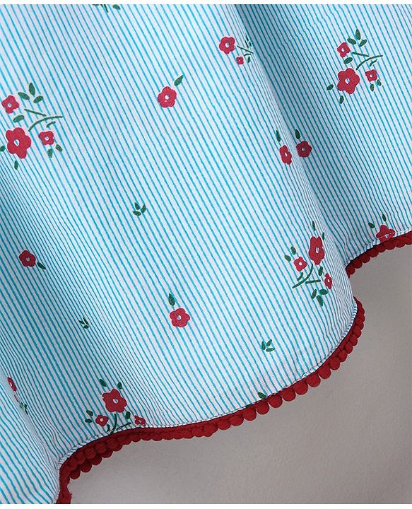 Pine Kids Flutter Sleeves Softner Wash Stripe Frock Floral Print - Blue White
