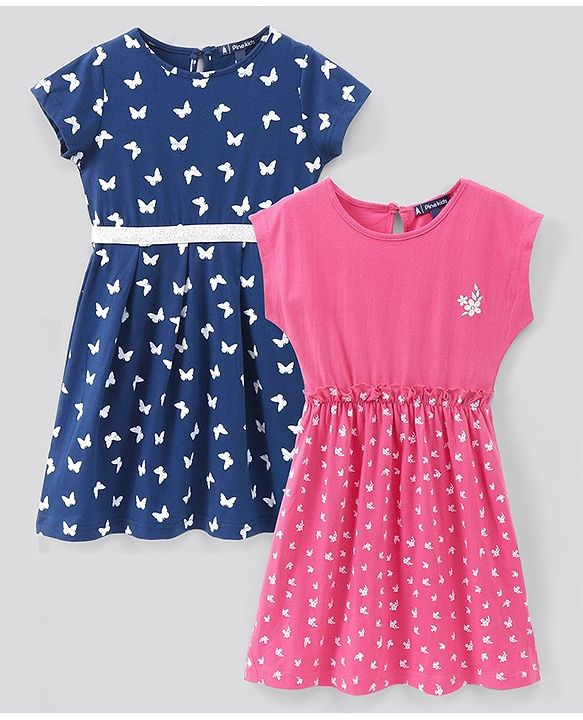 Pine Kids Bio Wash Short Sleeves Frocks Pack of 2 - Pink Navy Blue