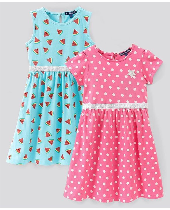 Pine Kids Bio Wash Short & Sleeveless Frocks Dot & Watermelon Print Pack of 2 - Pink Sea Green