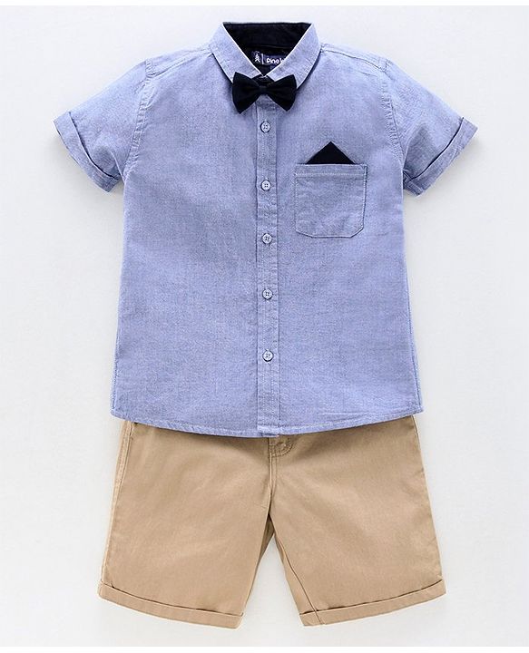 Pine Kids Half Sleeve Shirt and Shorts Set with Bow Tie Solid - Blue Beige