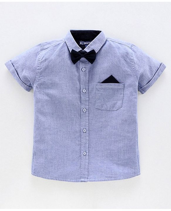 Pine Kids Half Sleeve Shirt and Shorts Set with Bow Tie Solid - Blue Beige