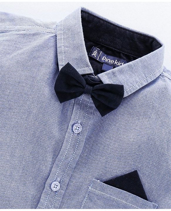 Pine Kids Half Sleeve Shirt and Shorts Set with Bow Tie Solid - Blue Beige