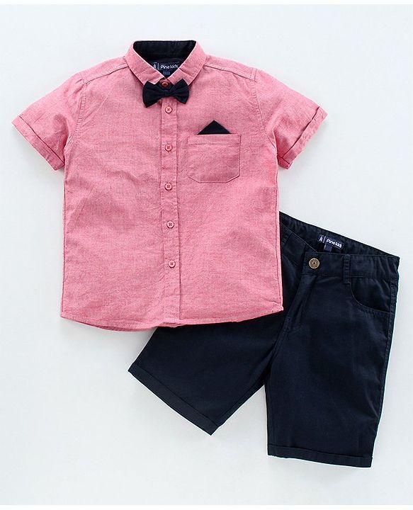 Pine Kids Half Sleeve Shirt and Shorts Set with Bow Tie Solid - Pink Navy