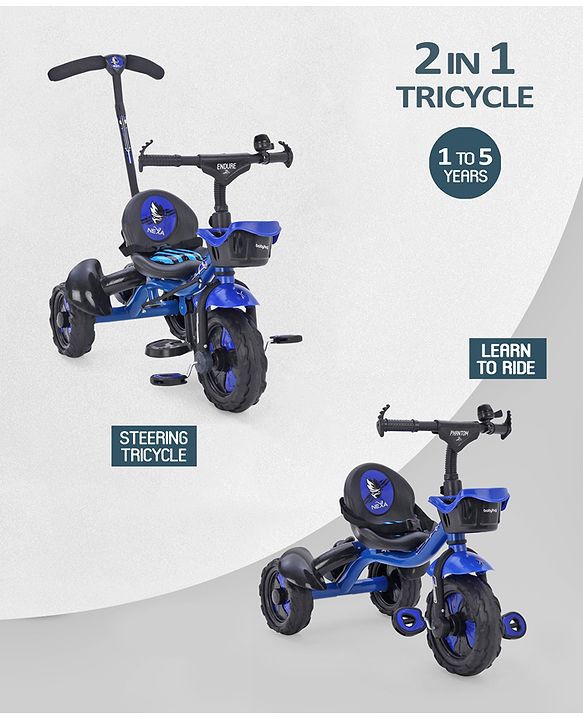 Babyhug Plug & Play Endure Tricycle with Parental Push handle & Storage Basket - Blue