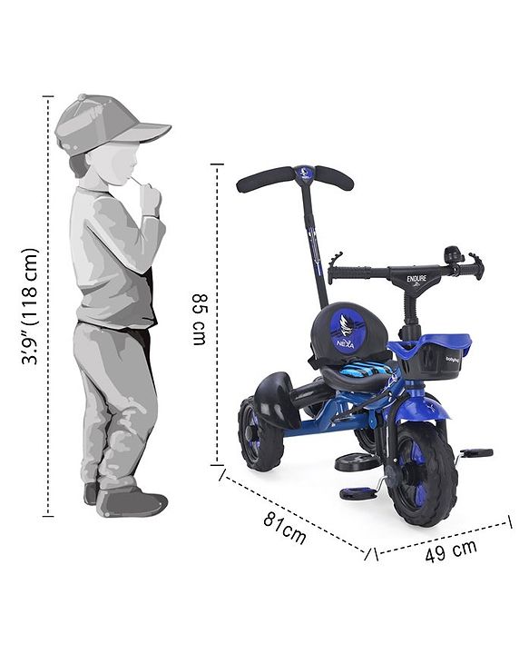 Babyhug Plug & Play Endure Tricycle with Parental Push handle & Storage Basket - Blue