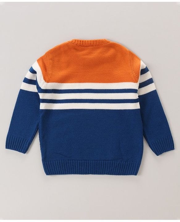 Babyhug Full Sleeves Pull Over Sweater Striped - Orange & Blue