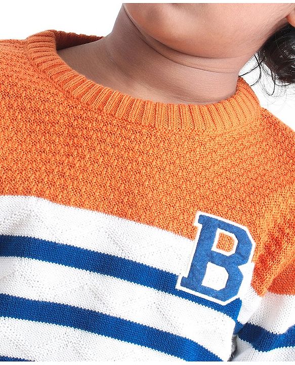 Babyhug Full Sleeves Pull Over Sweater Striped - Orange & Blue