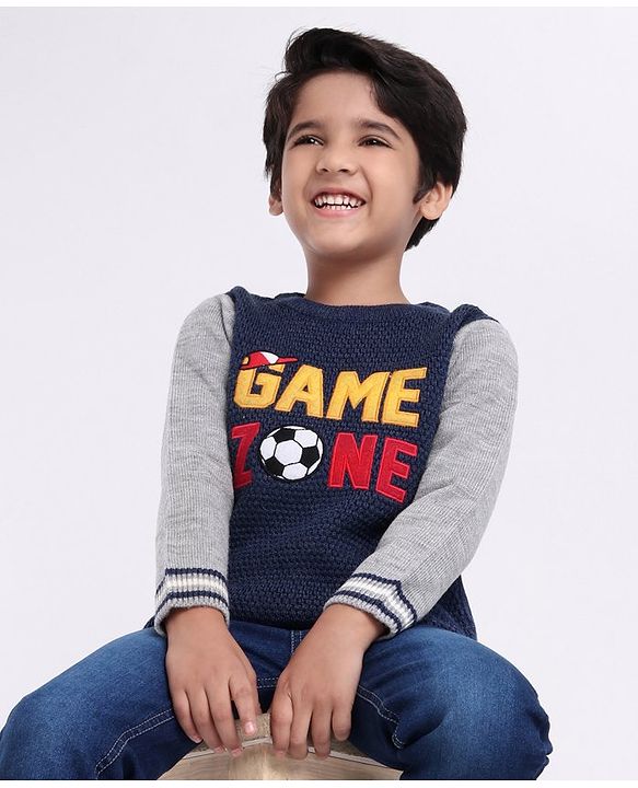 Babyhug Full Sleeves Pull Over Sweater Text Embroidery - Blue & Grey