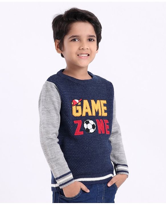 Babyhug Full Sleeves Pull Over Sweater Text Embroidery - Blue & Grey