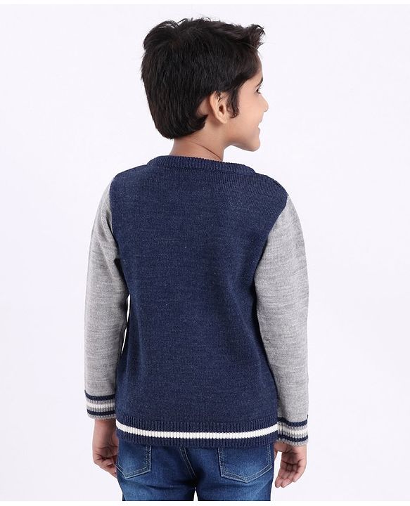 Babyhug Full Sleeves Pull Over Sweater Text Embroidery - Blue & Grey