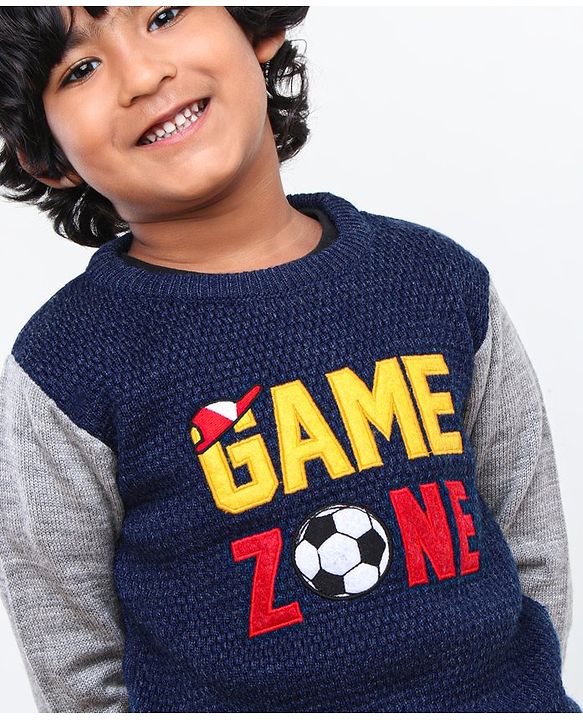 Babyhug Full Sleeves Pull Over Sweater Text Embroidery - Blue & Grey