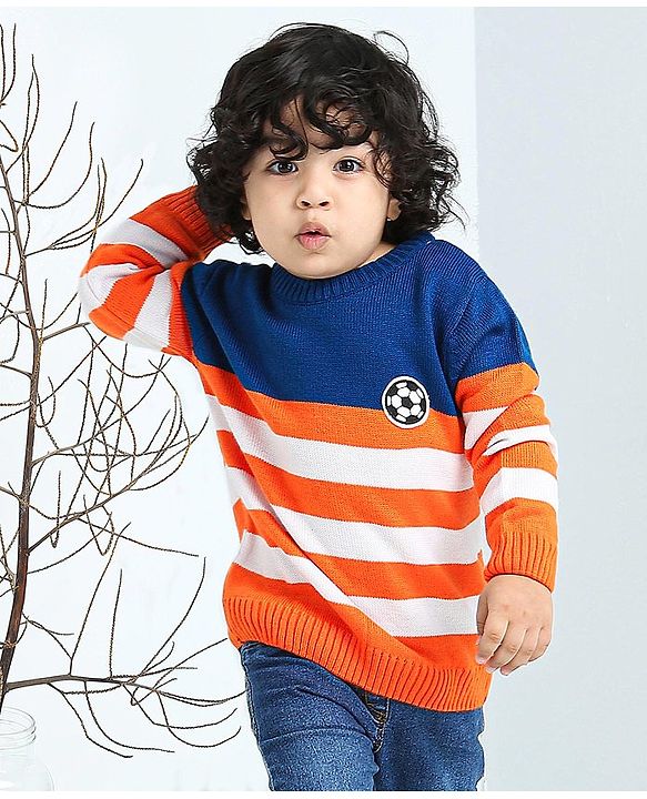 Babyhug Full Sleeves Stripe Sweater Football Patch - Orange Blue