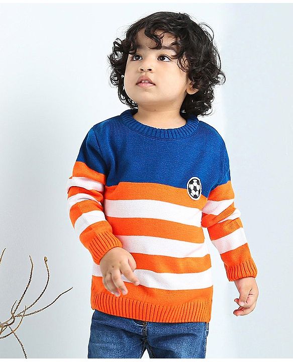 Babyhug Full Sleeves Stripe Sweater Football Patch - Orange Blue