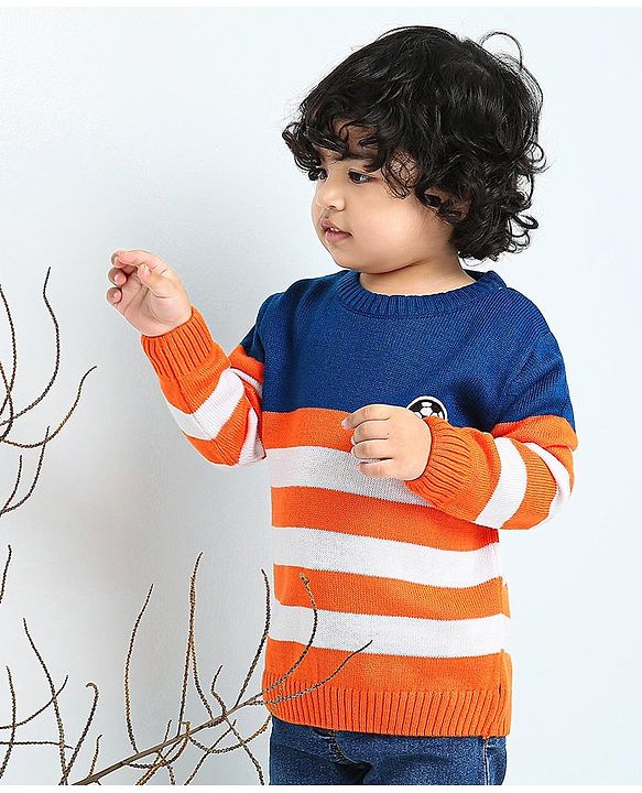 Babyhug Full Sleeves Stripe Sweater Football Patch - Orange Blue