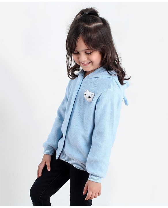 Babyhug Full Sleeves Front Open Sweater Kitty Applique - Blue