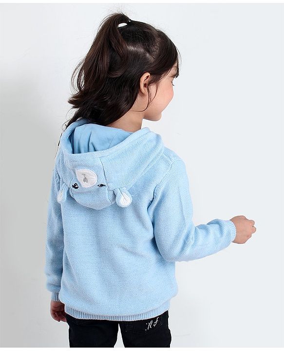Babyhug Full Sleeves Front Open Sweater Kitty Applique - Blue