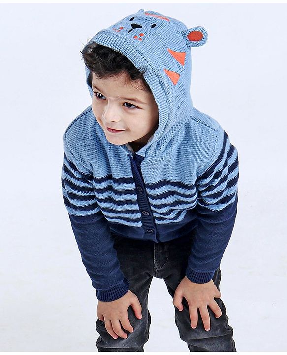 Babyhug Full Sleeves Front Open Hooded Sweater - Blue