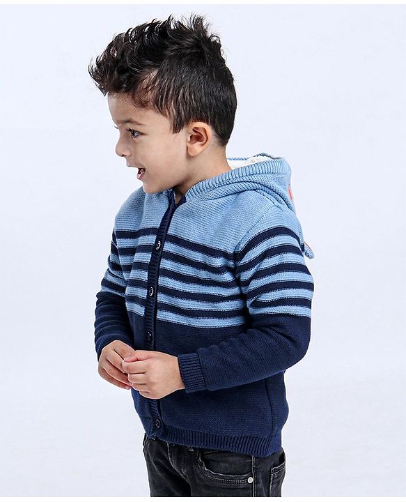 Babyhug Full Sleeves Front Open Hooded Sweater - Blue