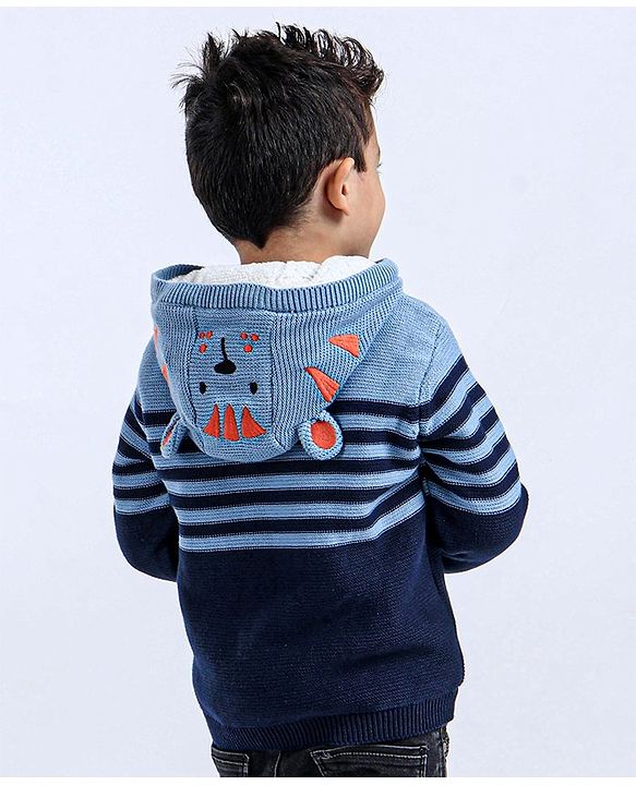 Babyhug Full Sleeves Front Open Hooded Sweater - Blue