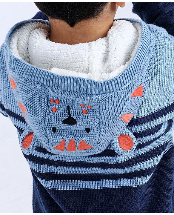 Babyhug Full Sleeves Front Open Hooded Sweater - Blue