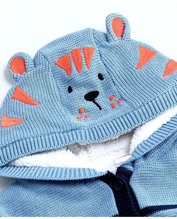 Babyhug Full Sleeves Front Open Hooded Sweater - Blue
