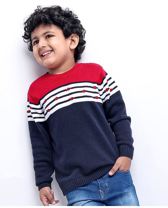 Babyhug Full Sleeves Sweater Color Block Print - Red