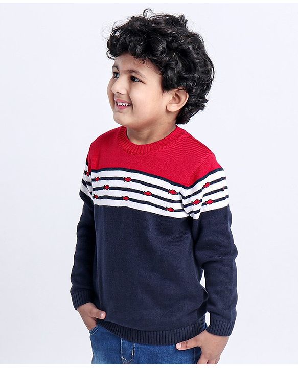 Babyhug Full Sleeves Sweater Color Block Print - Red