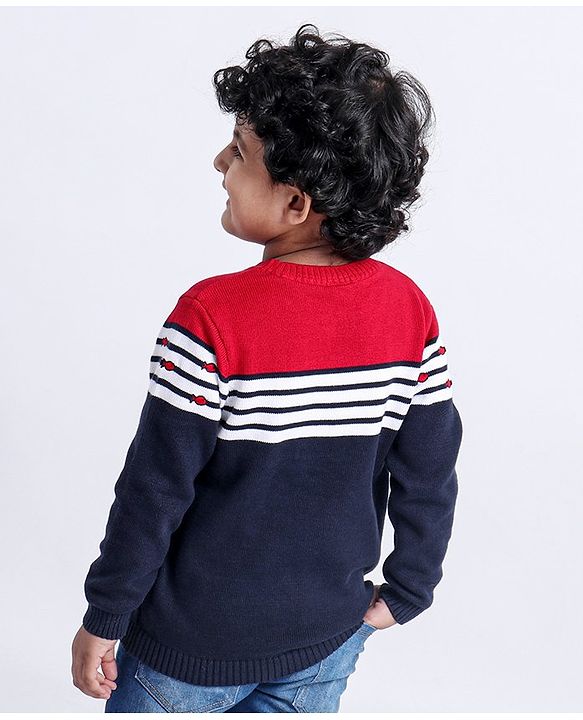 Babyhug Full Sleeves Sweater Color Block Print - Red