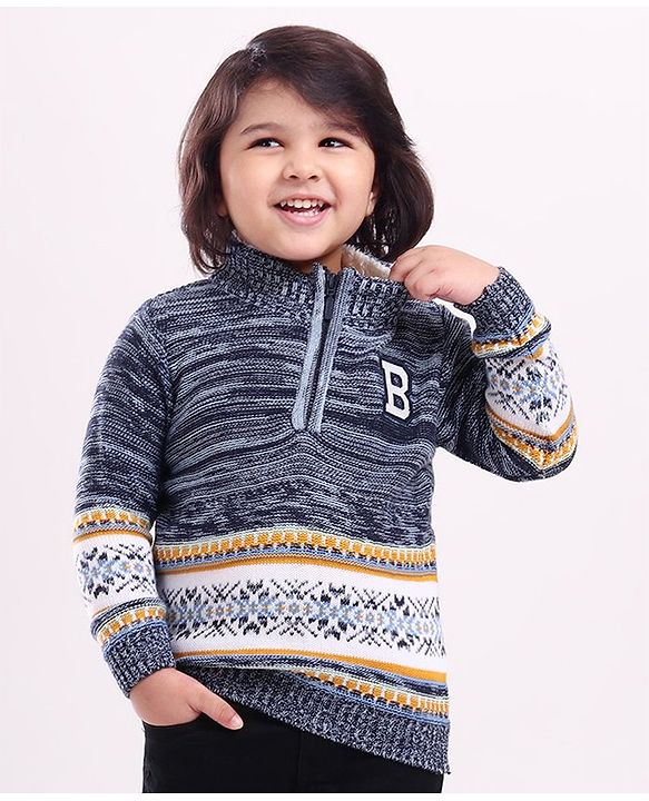 Babyhug Full Sleeves Jacquard Pullover Sweater With Badge - Navy