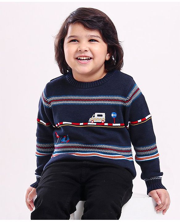 Babyhug Full Sleeves Jacquard Pull Over Sweater Intarsia Bus Pattern - Blue