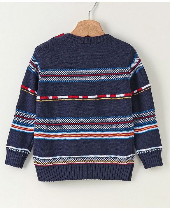 Babyhug Full Sleeves Jacquard Pull Over Sweater Intarsia Bus Pattern - Blue