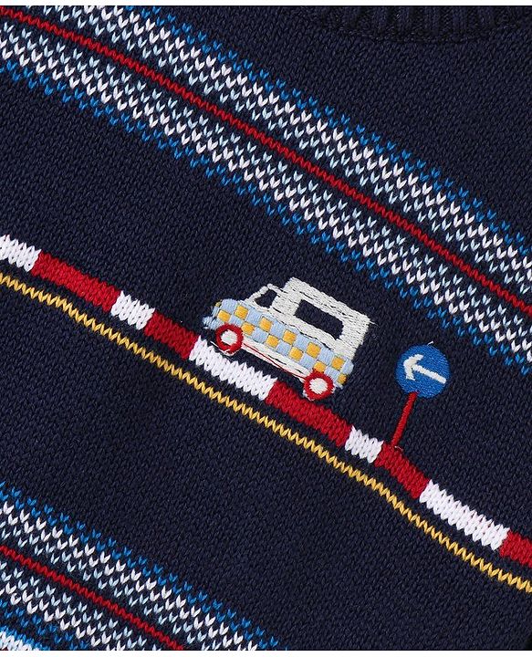 Babyhug Full Sleeves Jacquard Pull Over Sweater Intarsia Bus Pattern - Blue