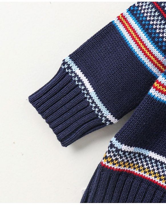 Babyhug Full Sleeves Jacquard Pull Over Sweater Intarsia Bus Pattern - Blue