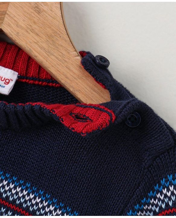 Babyhug Full Sleeves Jacquard Pull Over Sweater Intarsia Bus Pattern - Blue