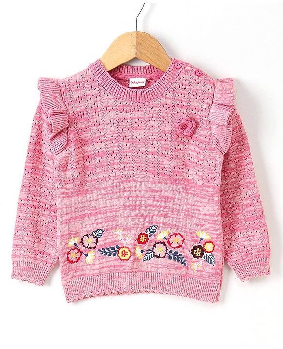 Babyhug Full Sleeves Sweater Floral Embroidery - Pink