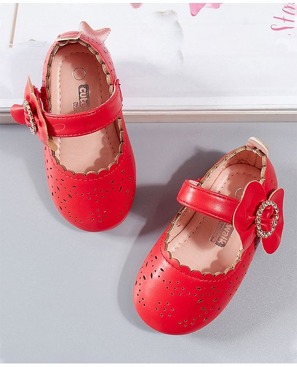 Cute Walk by Babyhug Party Wear Belly Shoes Bow Applique - Red