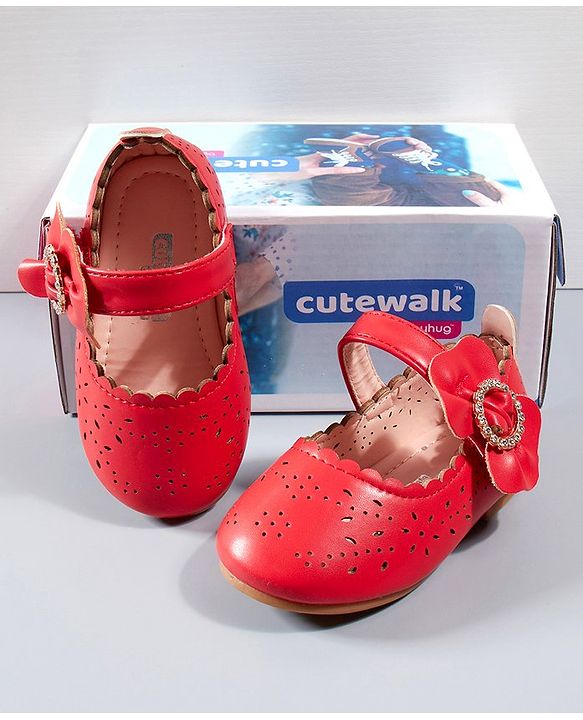 Cute Walk by Babyhug Party Wear Belly Shoes Bow Applique - Red