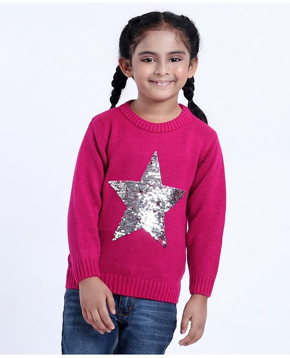 Babyhug Full Sleeves Pull Over Sweater With Sequins - Pink