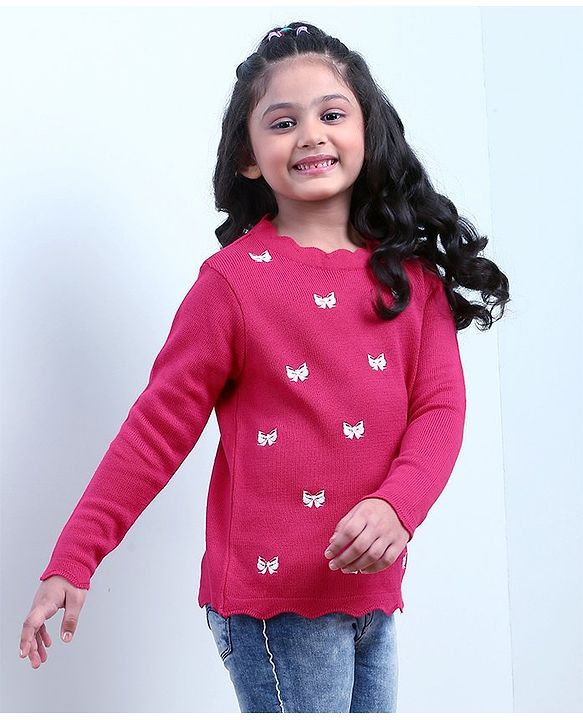 Babyhug Full Sleeves Sweater with Bow Embroidery - Red