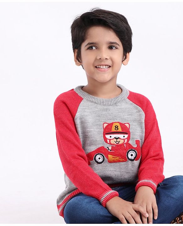 Babyhug Full Sleeves Pullover Sweater - Red Grey