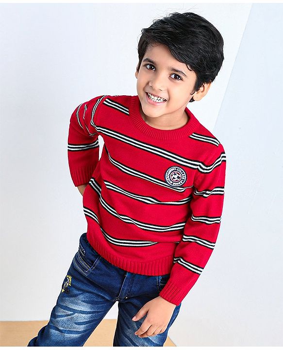 Babyhug Full Sleeves Pullover Striped Sweater - Red