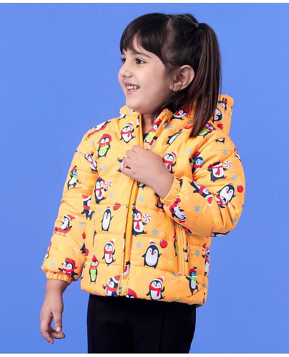 Babyhug Full Sleeves Hooded Jacket Penguin Print - Yellow