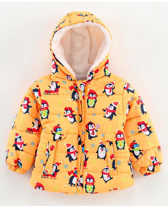 Babyhug Full Sleeves Hooded Jacket Penguin Print - Yellow