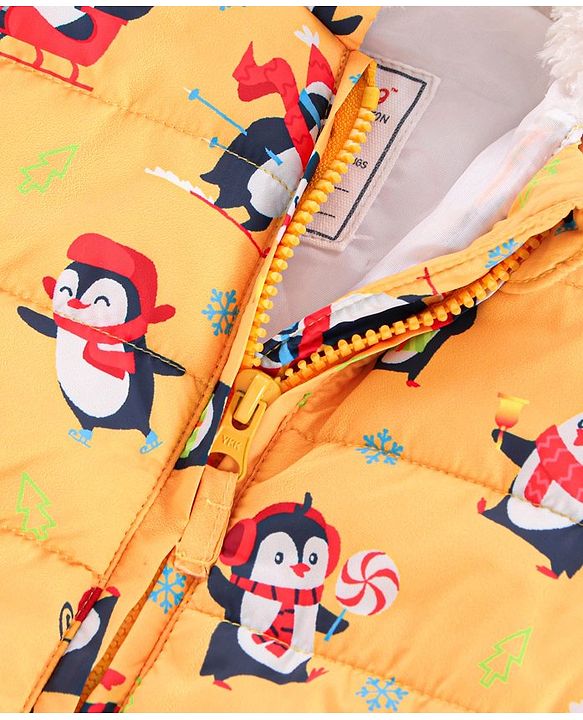 Babyhug Full Sleeves Hooded Jacket Penguin Print - Yellow