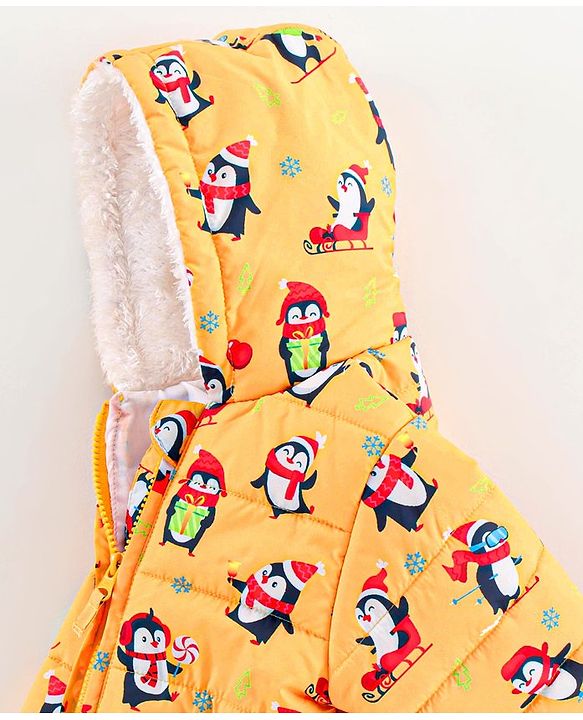 Babyhug Full Sleeves Hooded Jacket Penguin Print - Yellow